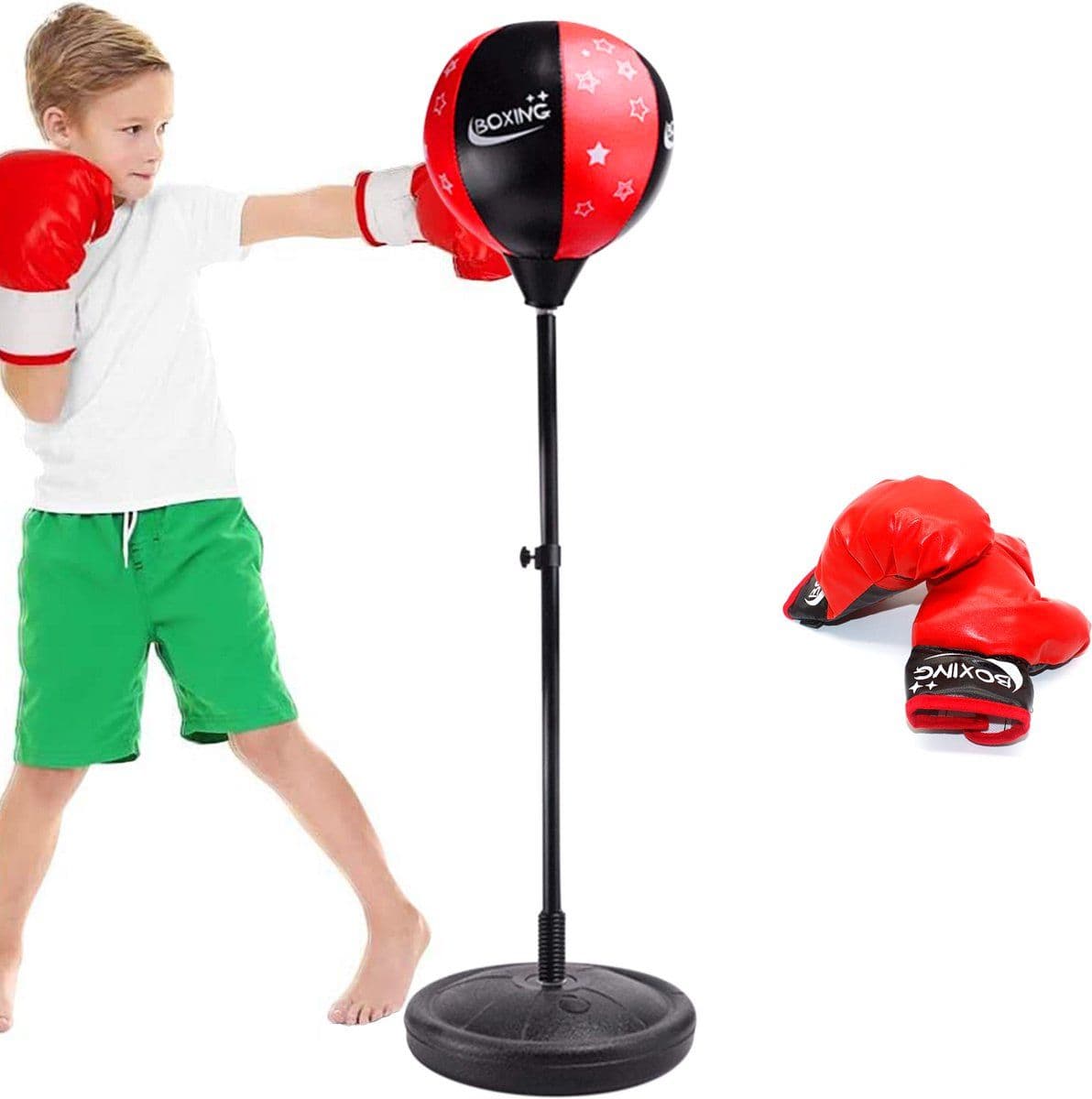 Zoluko Boksbal op Voet - Boksset Kinderen - Incl. Bokshandschoenen en Opblaaspomp - Verstelbaar 80-110 cm - Zwart/Rood