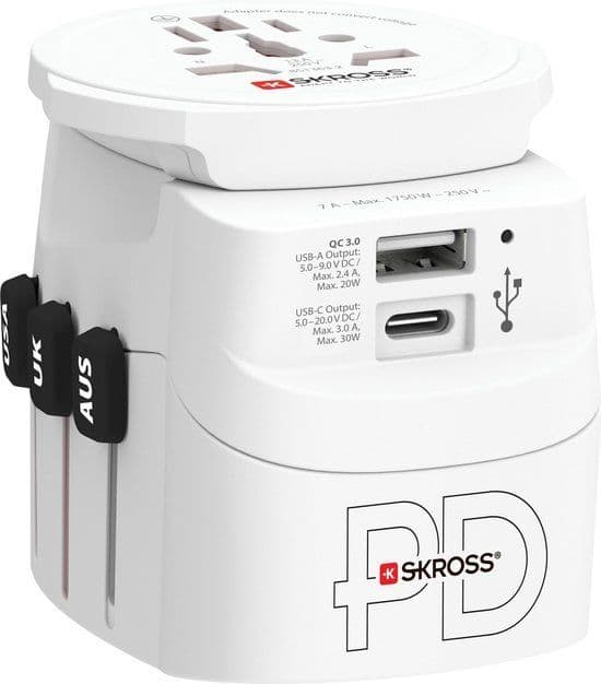 Skross Wereldreisadapter Pro Light - Grondstekkers (geen Zwitserse en Italiaanse) - 1 USB - 1 Ty