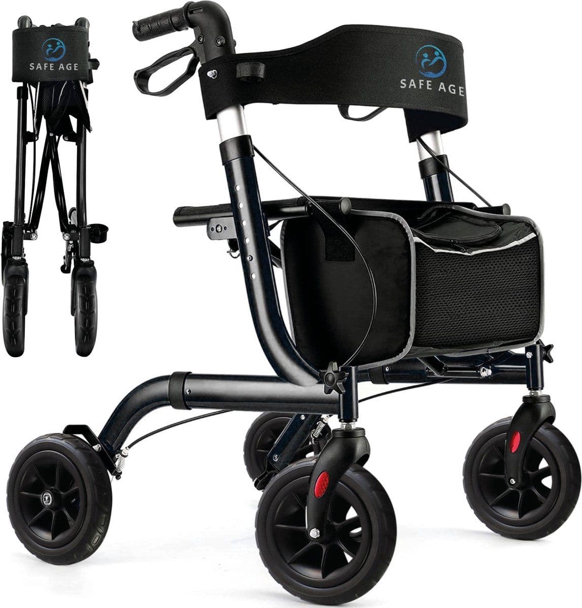 Safe Age® Rollator - Lichtgewicht opvouwbaar - Gevoerde zitting en rugleuning - Zwart