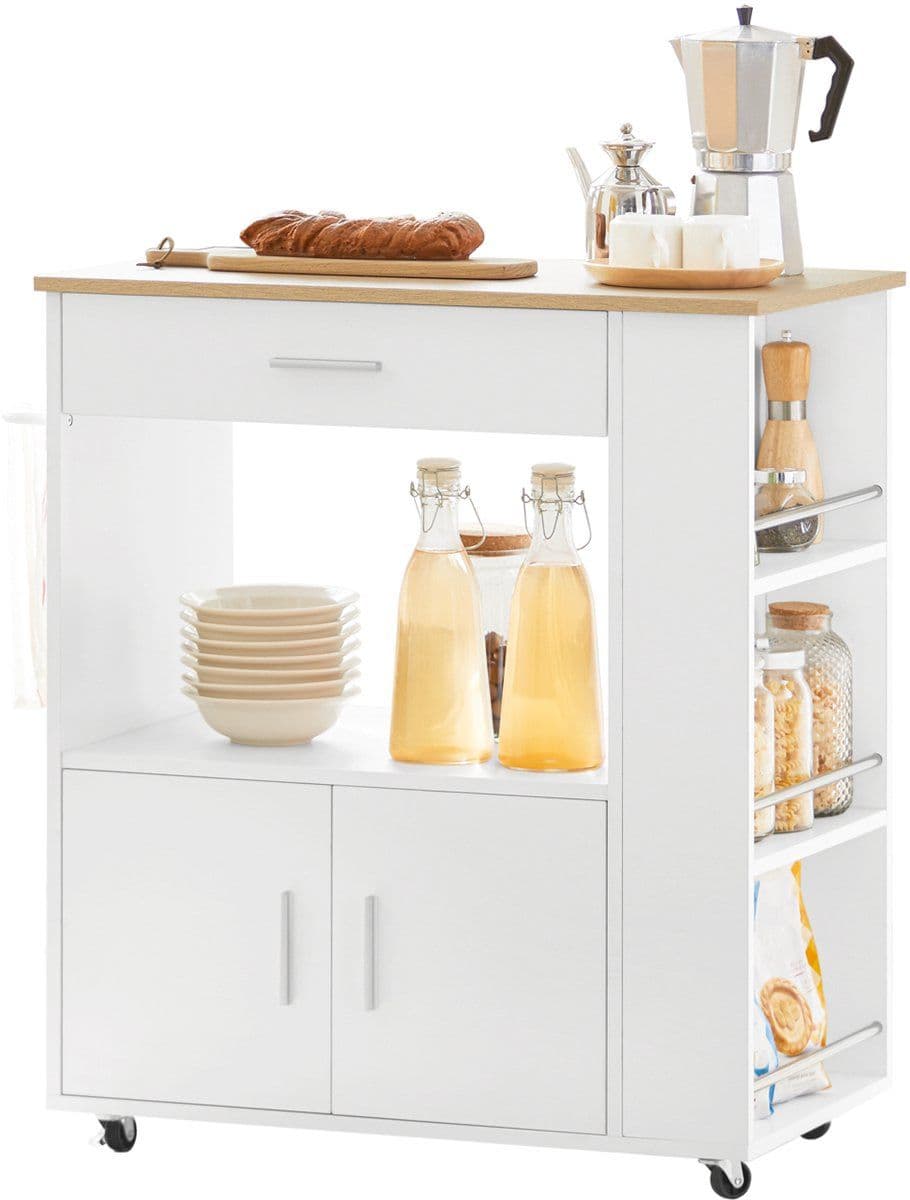 SoBuy FKW113-WN - Keukenwagen - Witte Multifunctionele Kast met Wielen en Laden