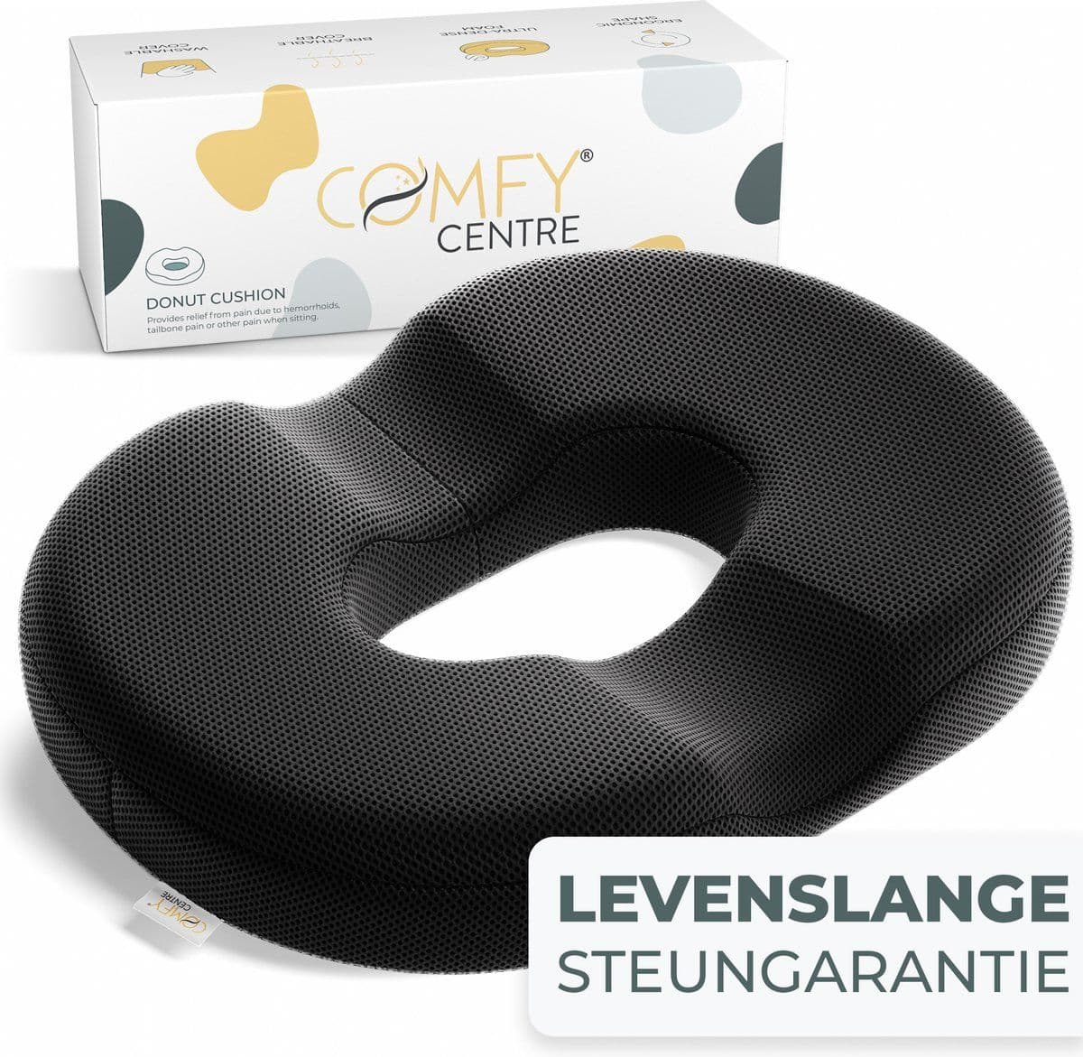 ComfyCentre Donut Kussen - Orthopedisch Ergonomisch Stuitkussen - Ultra-Dense Traagschuim - Zwart