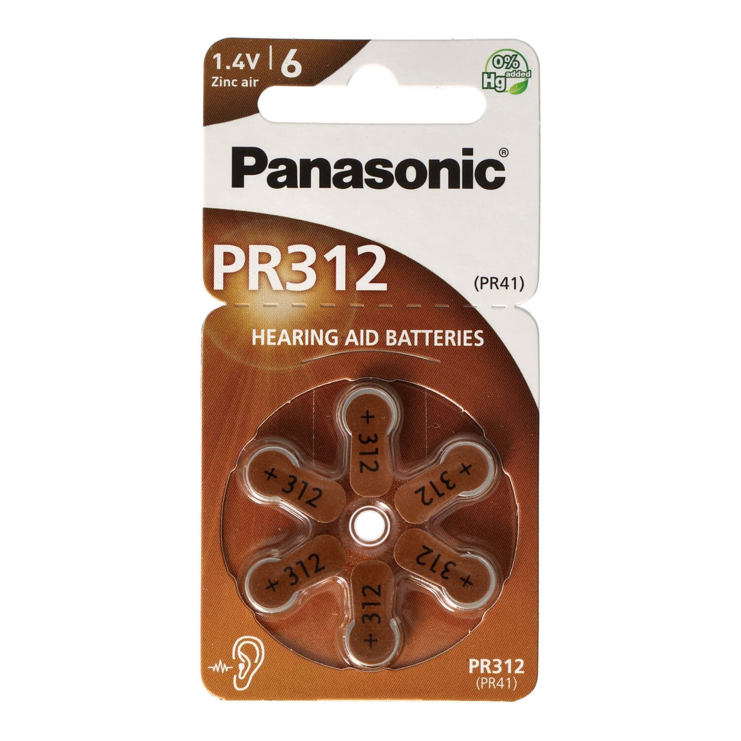 Panasonic PR312-batterijen voor hoortoestellen PR-312 / 6LB, cellen voor hoorapparaten 312 Zinc Air