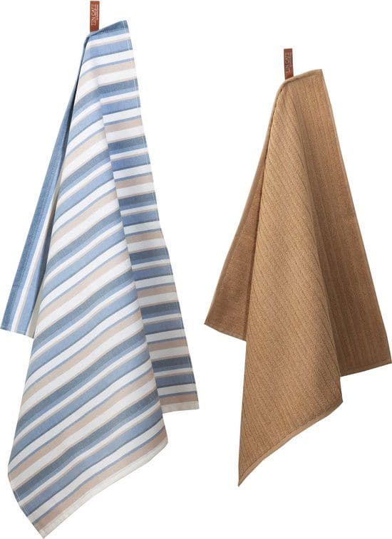 Ten Cate Theedoeken en Keukendoeken Set - 1x Keukendoek 50x50 cm 1x Theedoek 60x65 cm - 100% Katoen - Blauw en Zand (2 stuks)