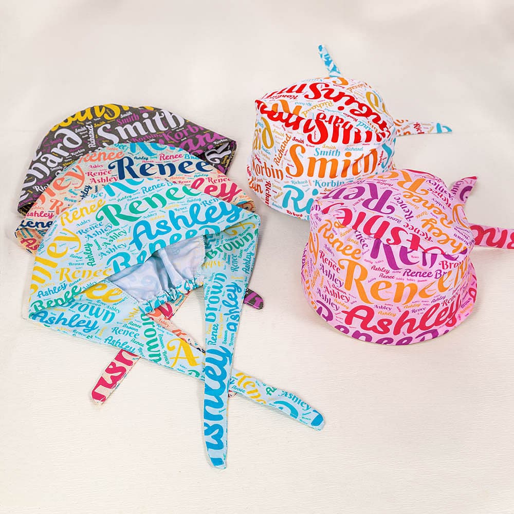 Gepersonaliseerde Kleurrijke Naam Woordwolk Verstelbare Werken Scrub Cap met Zweetband Set van 2 Verjaardag Waardering Gift voor Verpleegkundige Arts