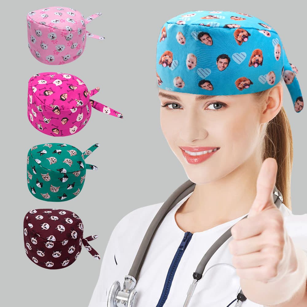 Gepersonaliseerde Multicolor Bone Paw Heart Face Photos Verstelbare Tieback Scrub Cap Waardering Verjaardagscadeau voor verpleegkundige arts