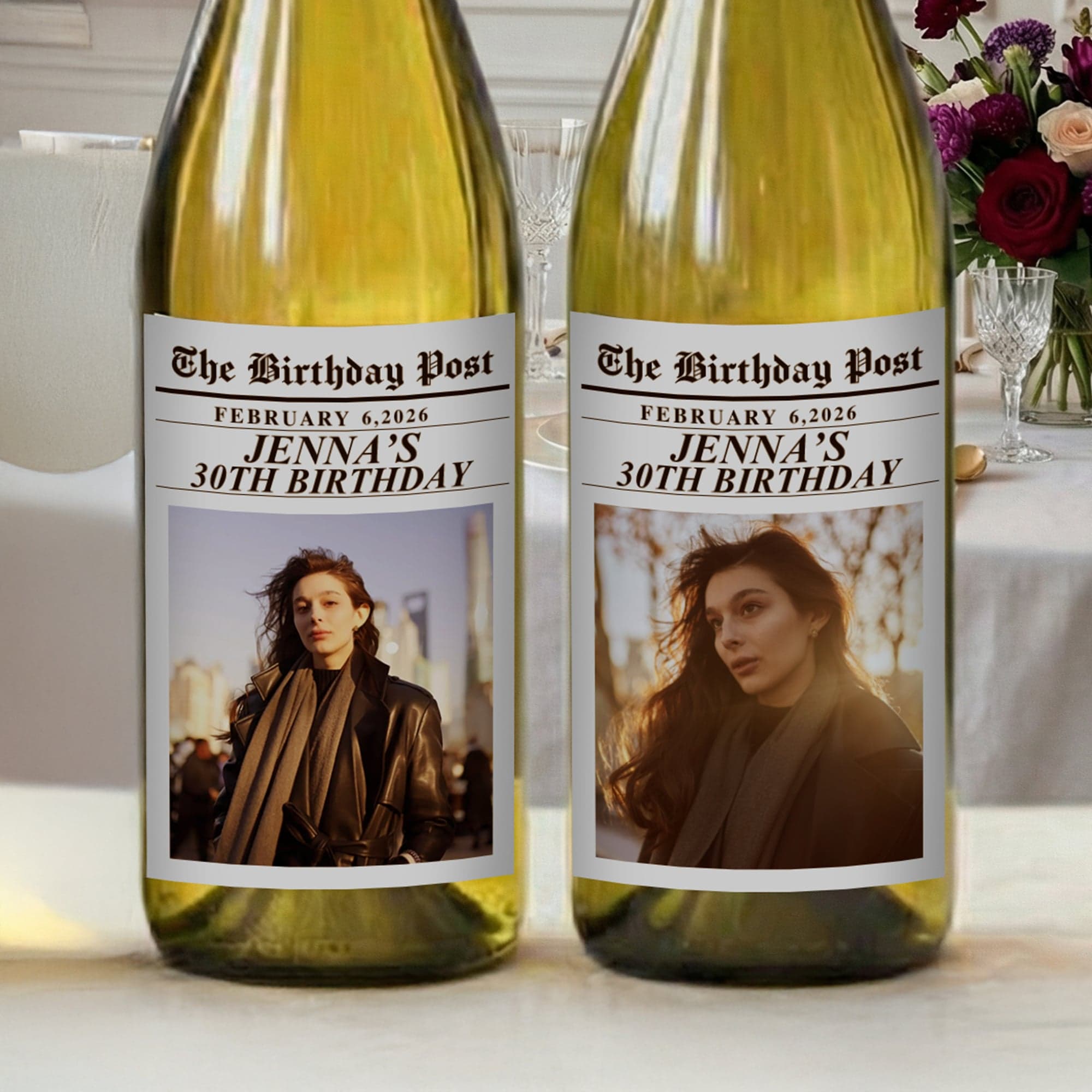 Gepersonaliseerde Krant Ontwerp Foto Wijnetiketten Stickers met Naam en Datum Verjaardagsfeestje Decor voor Familie Vrienden