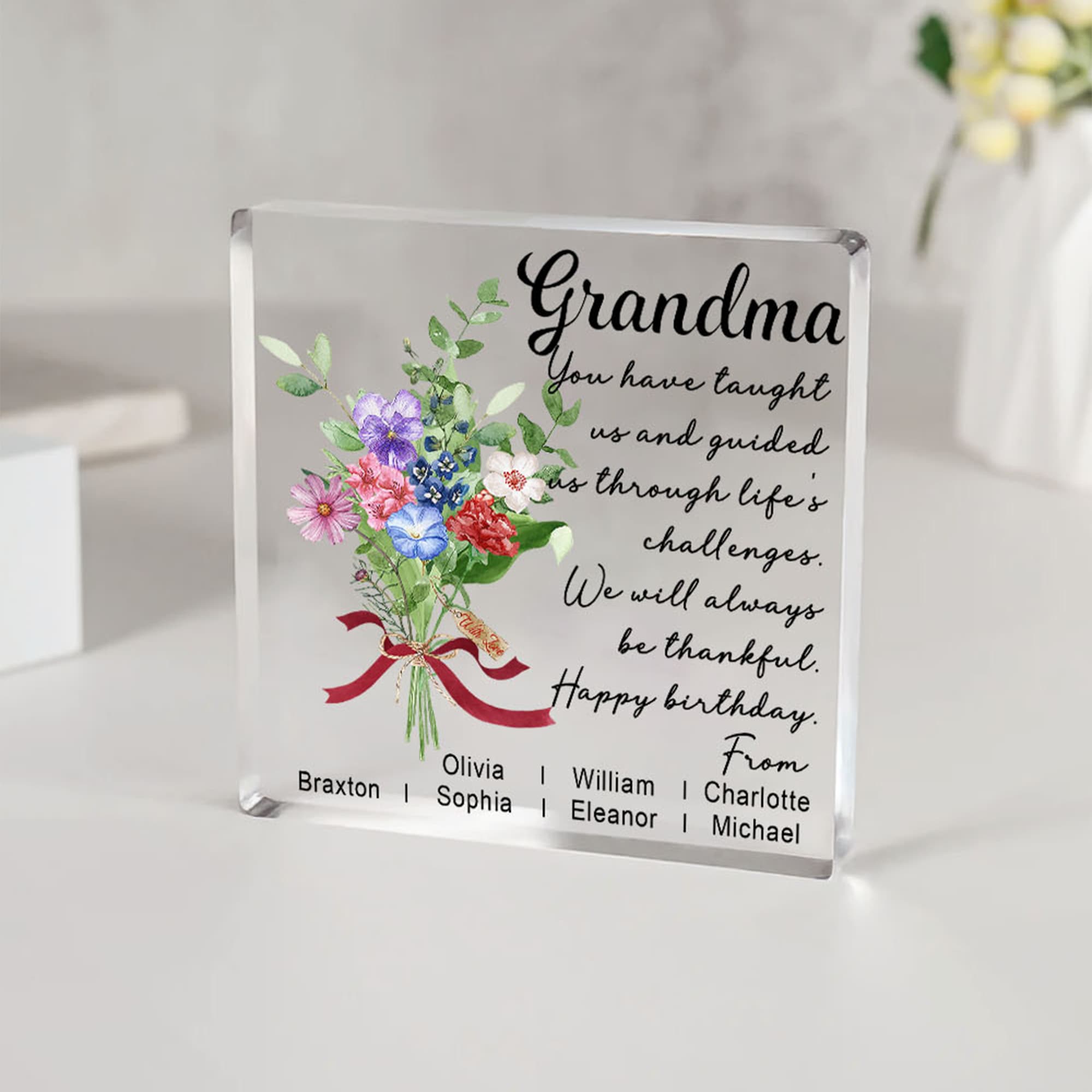 Gepersonaliseerd Geboortebloem Boeket Vierkant Acryl Blok met Naam en Wensbericht Verjaardagscadeau voor Beste Vriendin Mam Oma