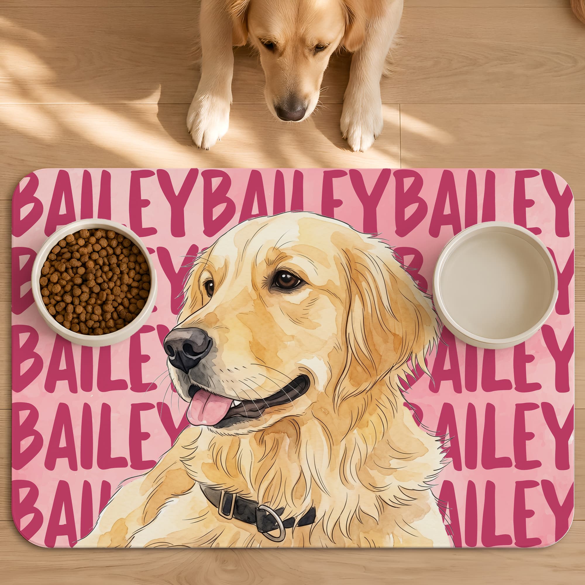 Gepersonaliseerde voerbakmat met foto in aquarelstijl en naam unieke honden- en kattenaccessoire verjaardagscadeau voor dierenliefhebbers