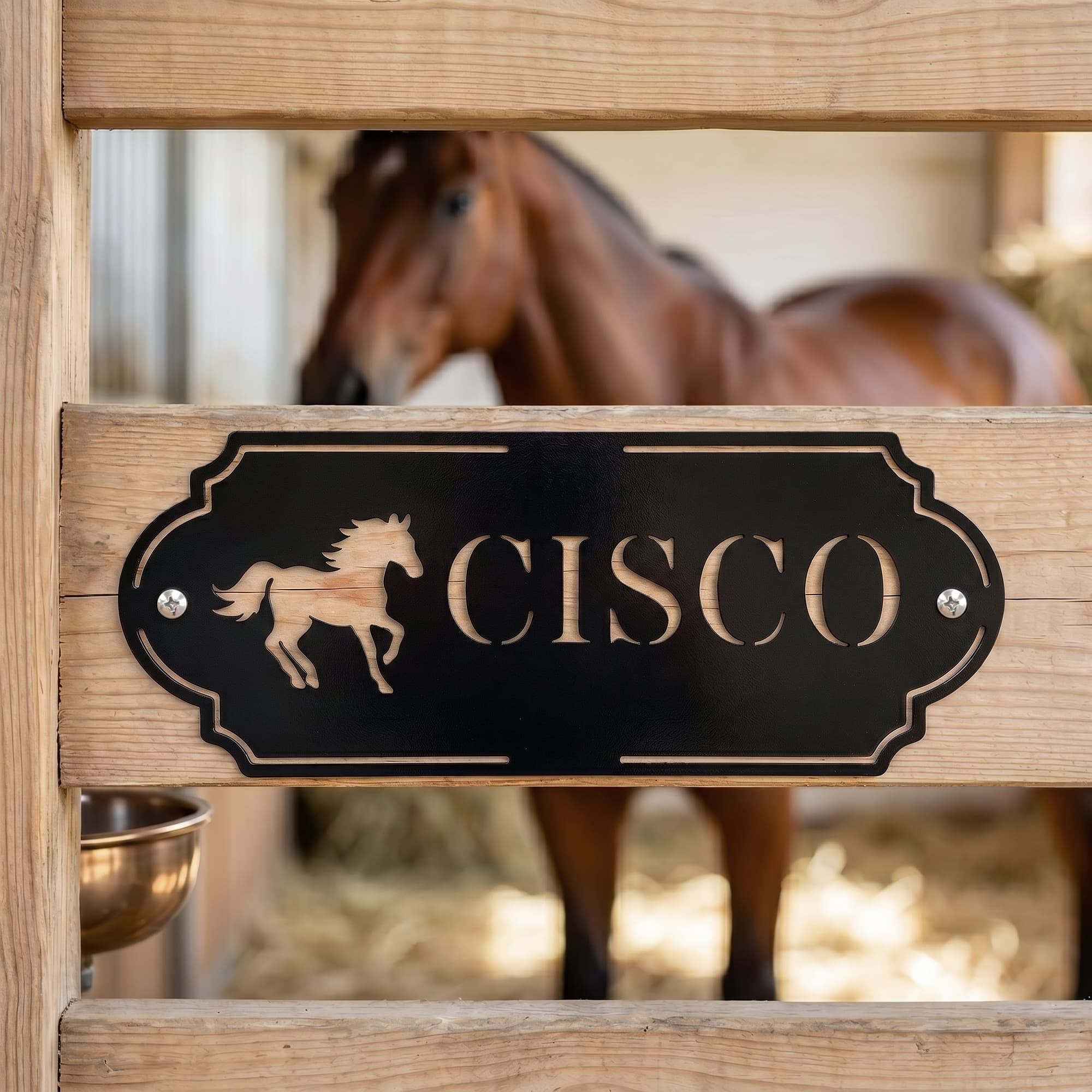 Gepersonaliseerd metalen bordje voor paardenbox met silhouet, naam en tekst – staldecoratie en housewarmingcadeau voor paardenliefhebbers en
