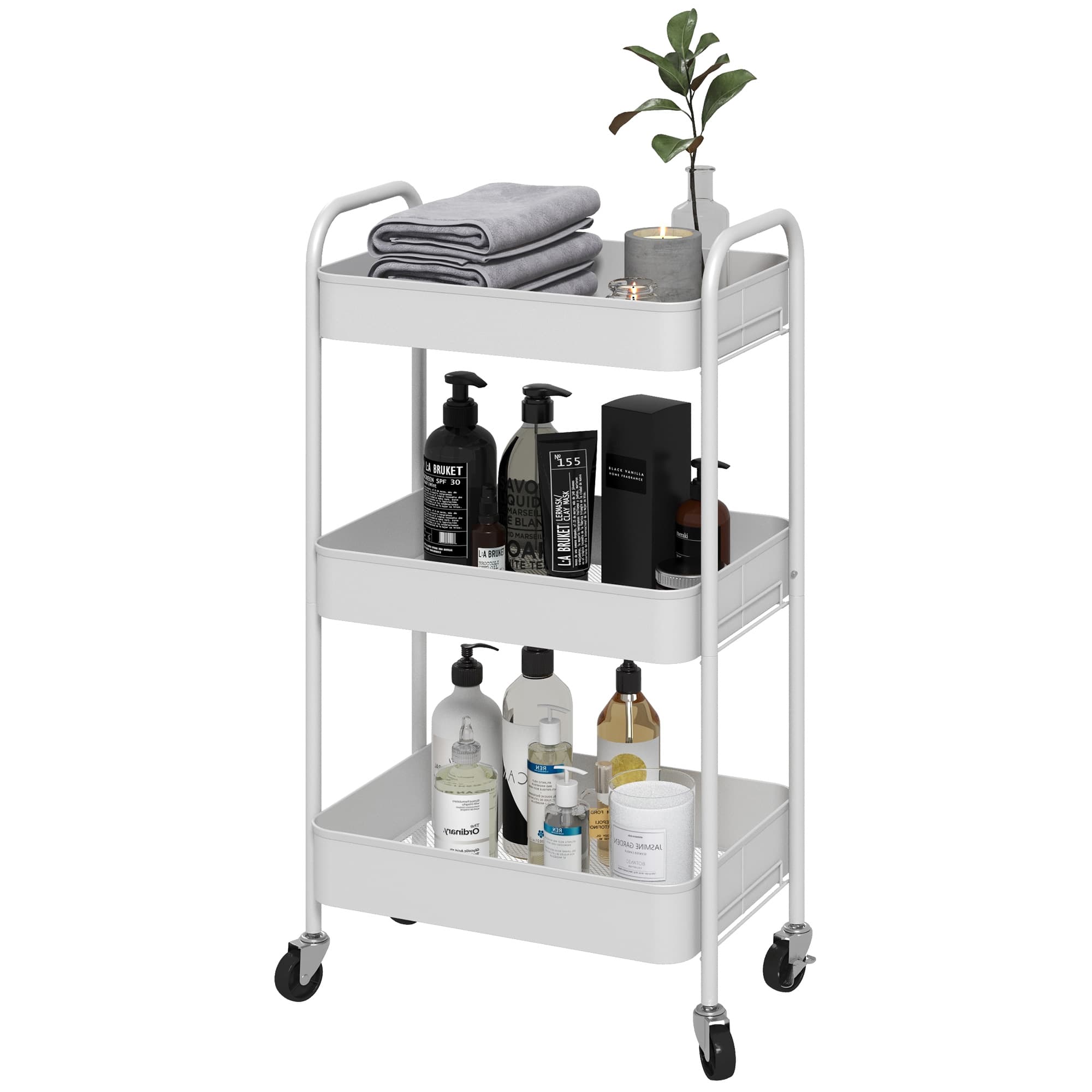 HOMCOM Keukenwagen Met 3 Planken 4 Wielen 2 Met Remmen 45x30.6x79 cm Wit Stalen Frame Gaasmanden Opbergkar Badkar Keuken Draagvermogen 9 kg | Aosom.nl