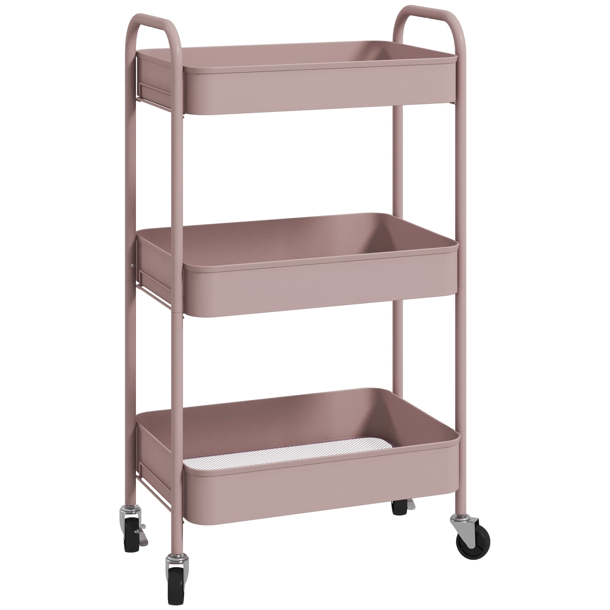 HOMCOM Multifunctionele Winkelwagen Keukenwagen, 3 Planken, 4 Wielen, 45 cm x 30,6 cm x 79 cm, Roze