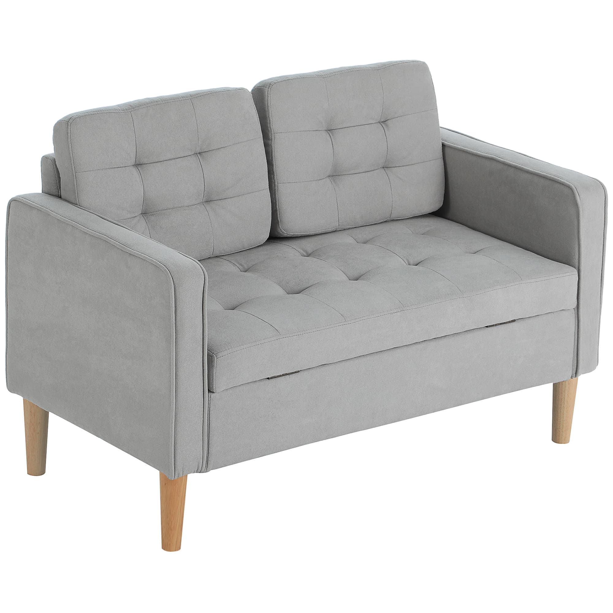 HOMCOM 2 zits bank, met opbergruimte, knopen trek, comfortabele kussens, duurzaam rubberhout, tot 200 kg, 117 x 62 x 78 cm, lichtgrijs | Aosom.nl