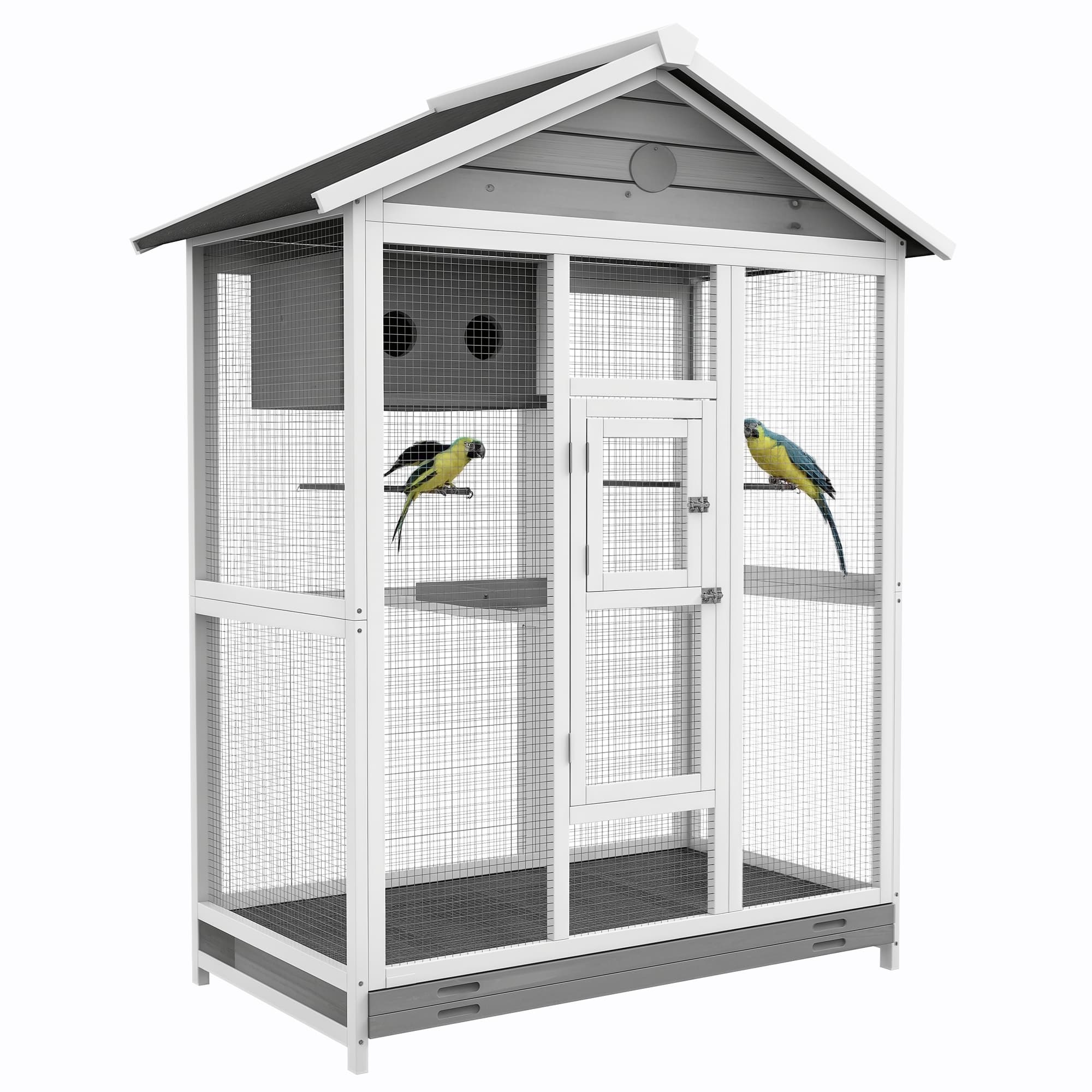 PawHut houten vogelkooi, ruime 4 zitstokken, waterdicht, stevig asfaltdak, ideaal voor buitengebruik, 112 x 68 x 154 cm, grijs | Aosom.nl