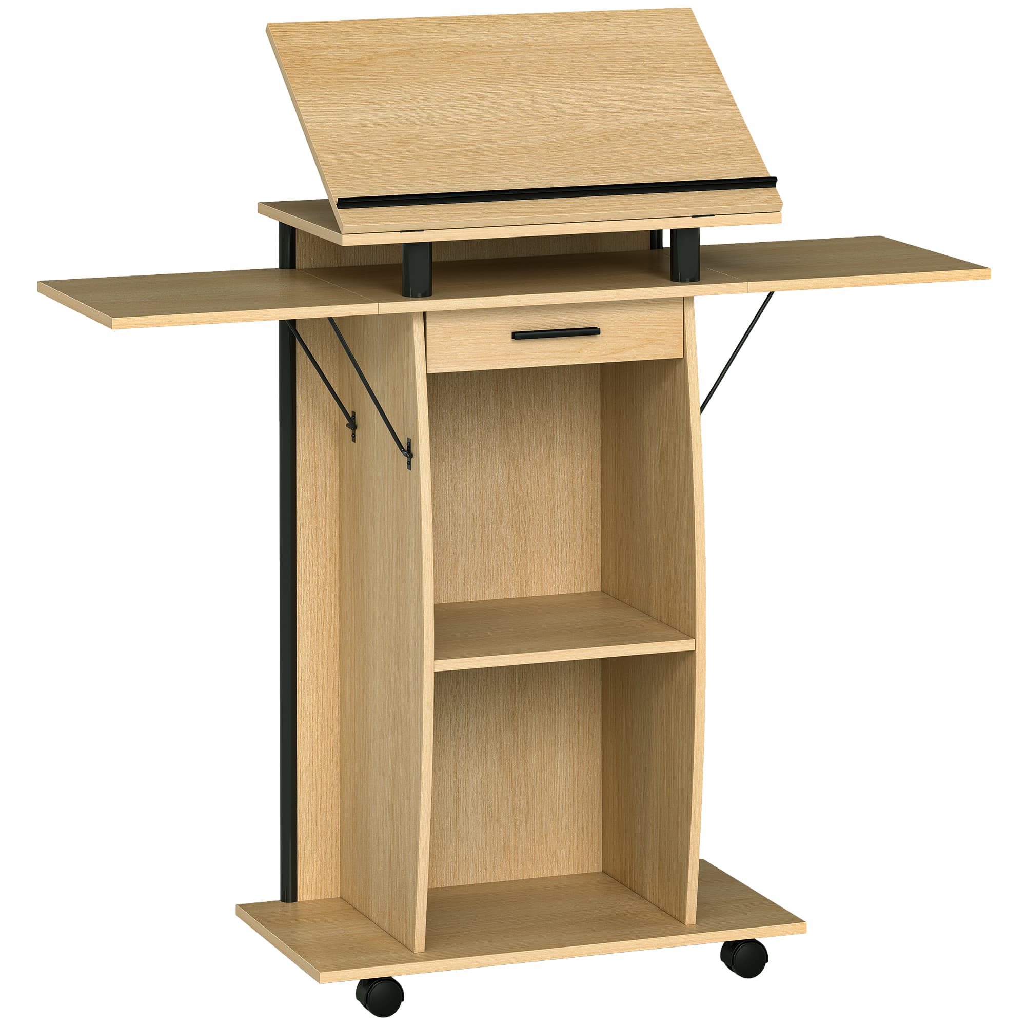 HOMCOM Mobiele Podiumstandaard Spreekgestoelte met Opklapbare Zijvleugels Laptoptafel Met Lade Eik 7 Standen Kantelbaar | Aosom.nl