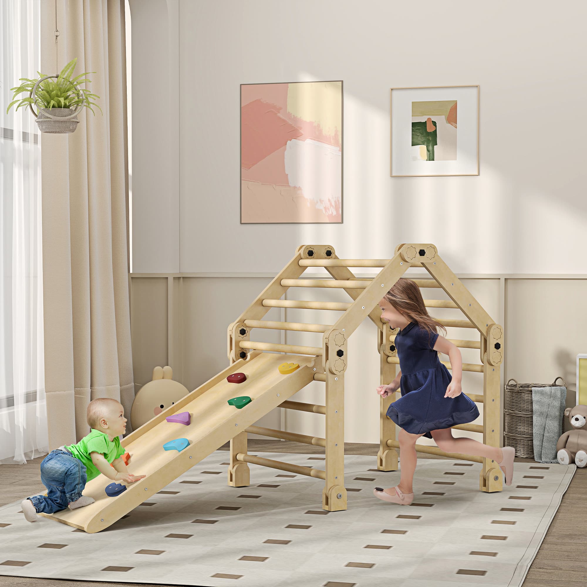 AIYAPLAY 3-in-1 klimrek voor binnen, opvouwbaar, Ladder & Glijbaan/Klimmuur, Hout, voor Kinderen van 1,5-4 Jaar | Aosom.nl