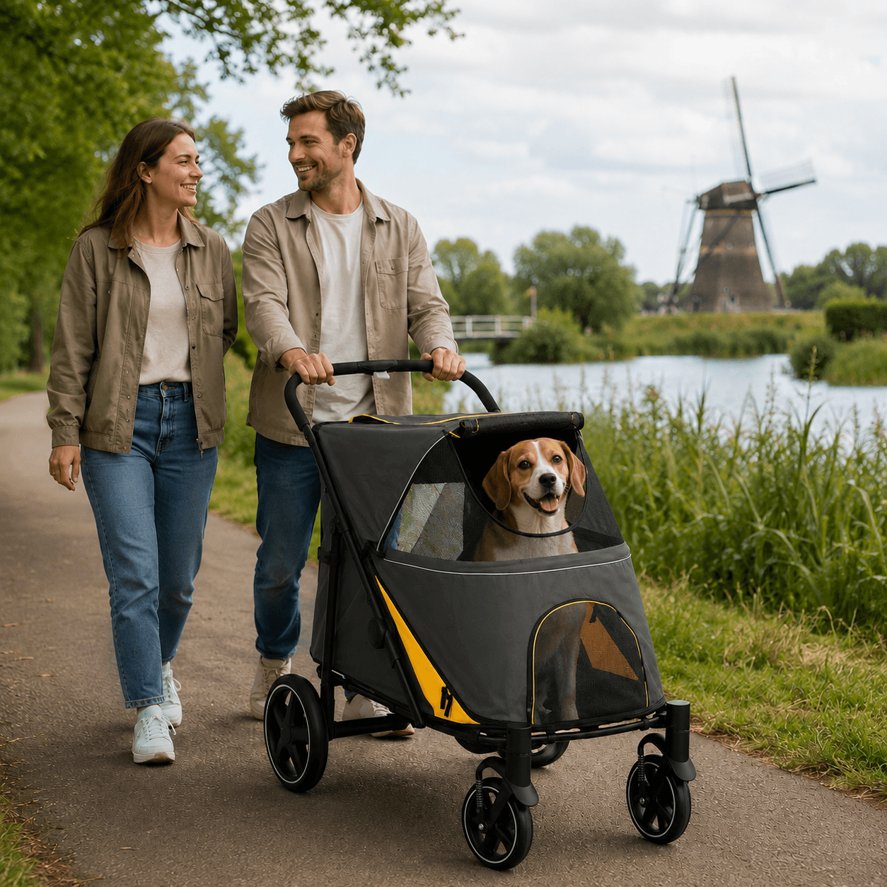 PawHut Opvouwbare Hondenbuggy voor Middelgrote Oudere Honden tot 30 kg, met 2 veiligheidsriemen en tassen, 112 x 65 x 100 cm, Donkergrijs | Aosom.nl