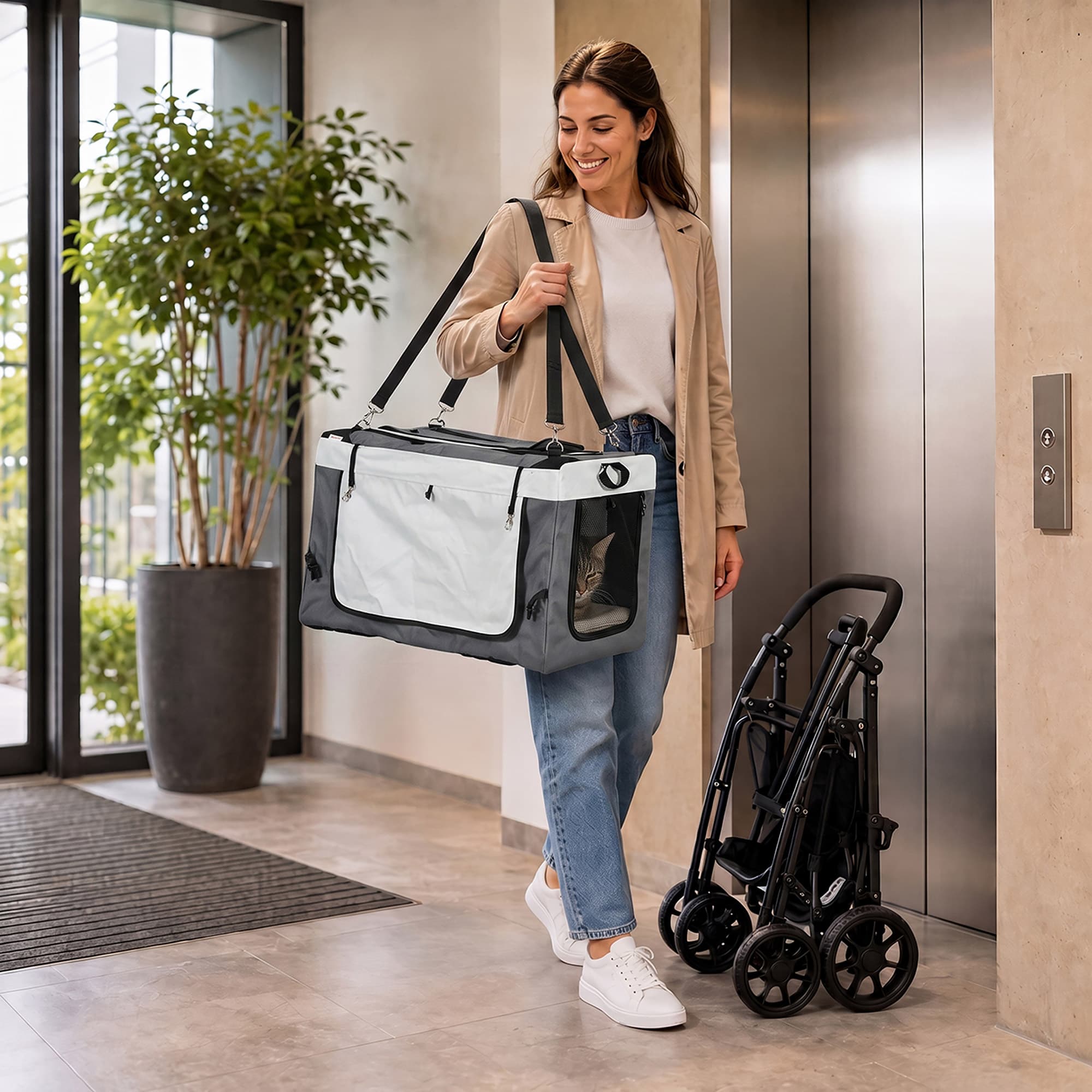PawHut 2-in-1 Opvouwbare Hondenbuggy voor Bezoek aan de Dierenarts, met Afneembare Draagmand en Kussen, tot 10 kg, 81 x 58 x 97,5 cm | Aosom.nl