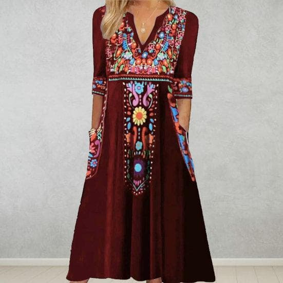 Dames Lente Zomerjurk V-hals Driekwartmouwen Retro Etnische Stijl Print Boheems A-lijn Losse zoom Zakken Halverwege de kuitlengte Midi-jurk cm blauw