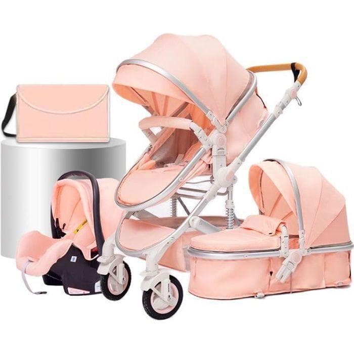BAZARLAND30 3-in-1 Kinderwagen Baby Combinatie Autostoeltje Draagmand Trio Omkeerbaar Verstelbaar Hoge Kwaliteit Lekvrije Wielen Duwstang.Roze roze