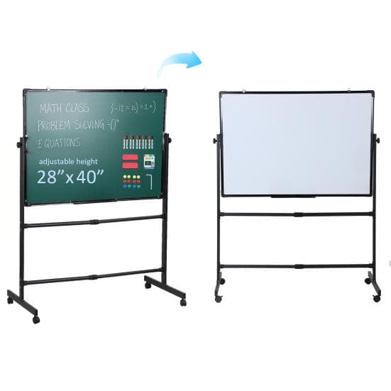 40x28 Inch Omkeerbaar Whiteboard/Krijtbord op Wielen, In Hoogte Verstelbaar, 2-in-1 Verrijdbaar Mobiel Ezelbord voor Kantoor, Klaslokaal & zwart