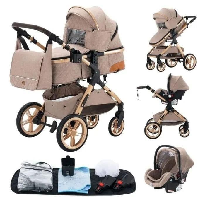 BAZARLAND30. 3-in-1 Kinderwagen Baby Combinatie Autostoeltje Reiswieg Trio Omkeerbaar Verstelbaar Hoge Kwaliteit Lekvrije Wielen Handvat. Kaki kaki