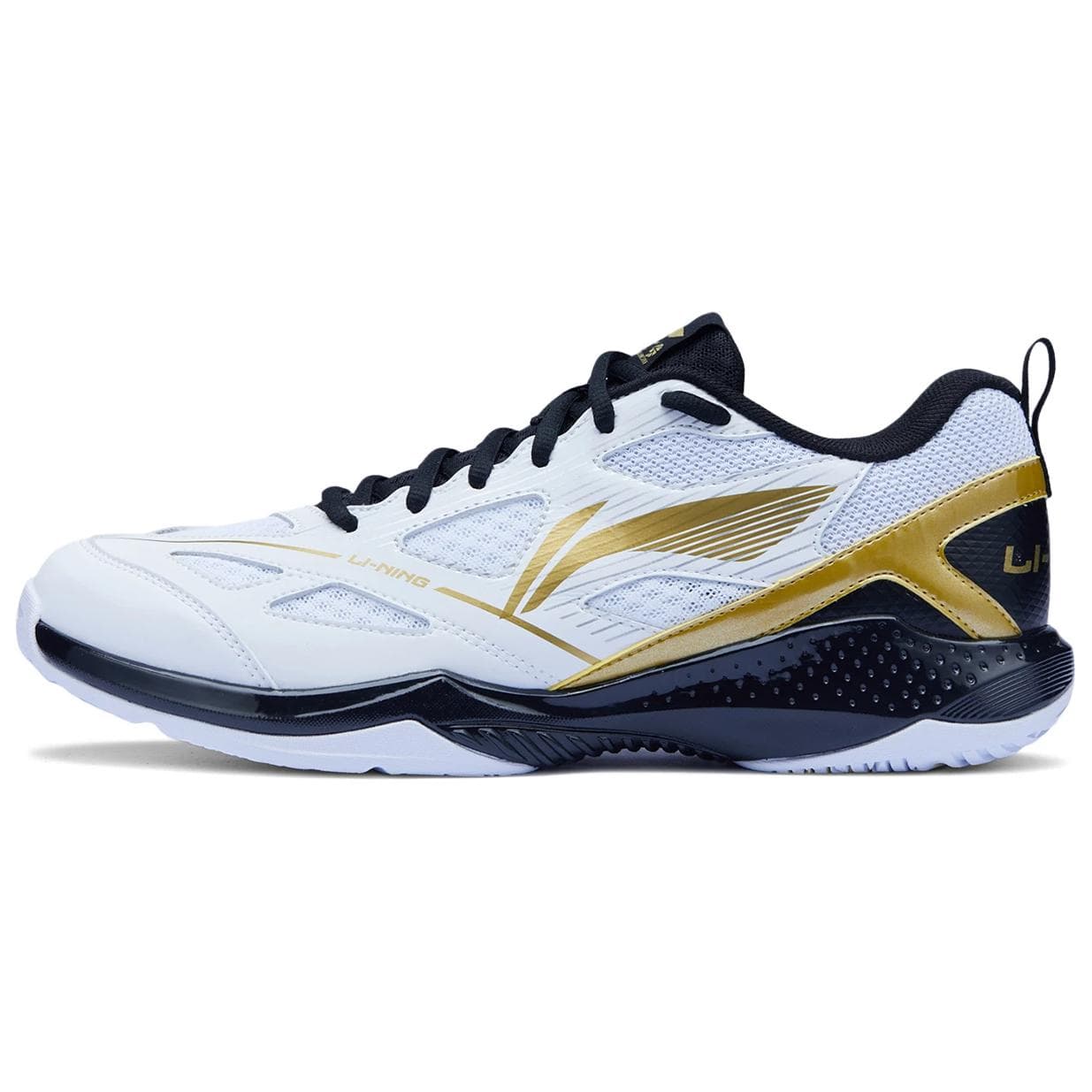 Li Ning Gale Lite Slipvast Slijtvast Lage Badminton Schoenen Unisex Wit Goud Zwart AYTU025-3 cm