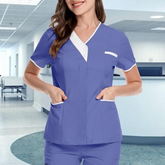Verpleegster Uniform Scrubs Tops Vrouwen V-hals Korte Mouw Zakken Trui Uniformen Patchwork Kleur Verpleging Werken Tops cm blauw