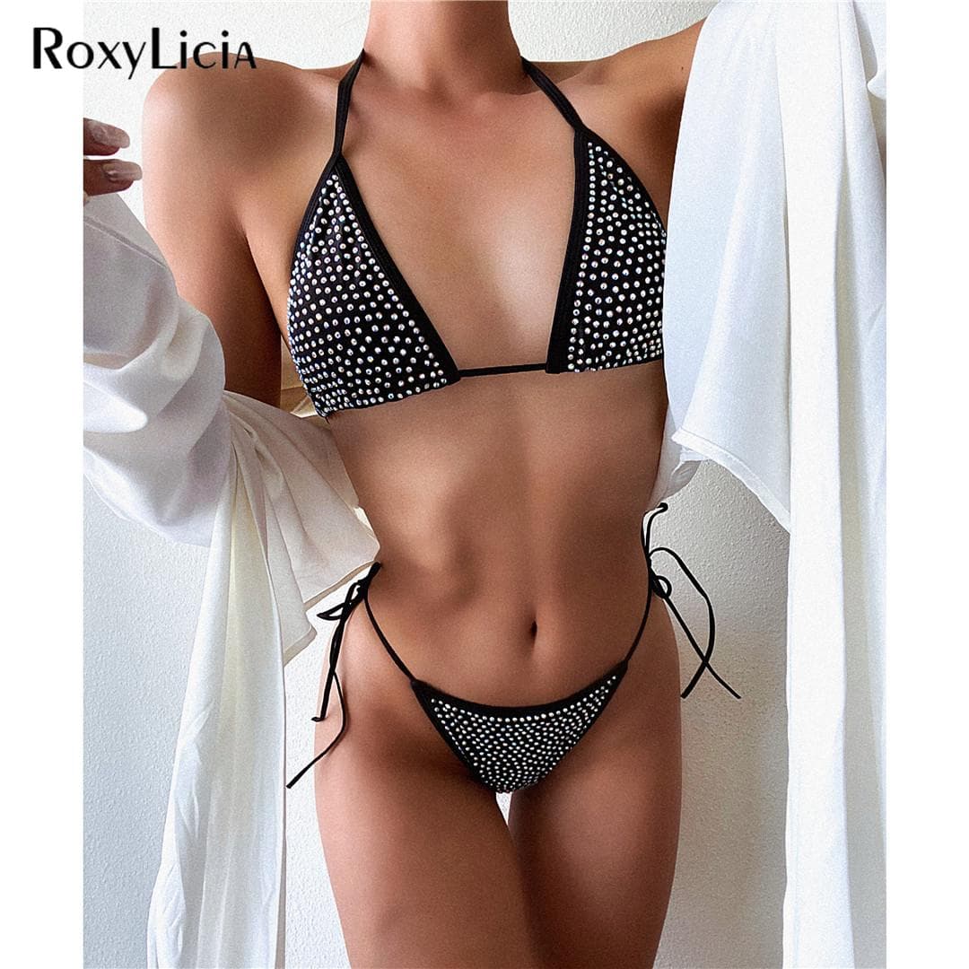 Bling Strass Bikini Vrouwelijk Badpak Dames Badmode Tweedelige Bikiniset Halter Braziliaans Bader Badpak cm zwart