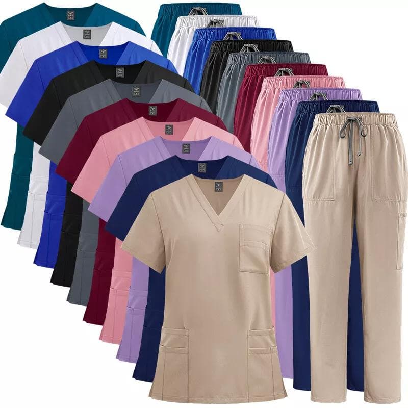 Tweedelige set V-hals, korte mouwen, sneldrogende pakken, verpleeguniformset, tops+broek, scrubpak cm wit