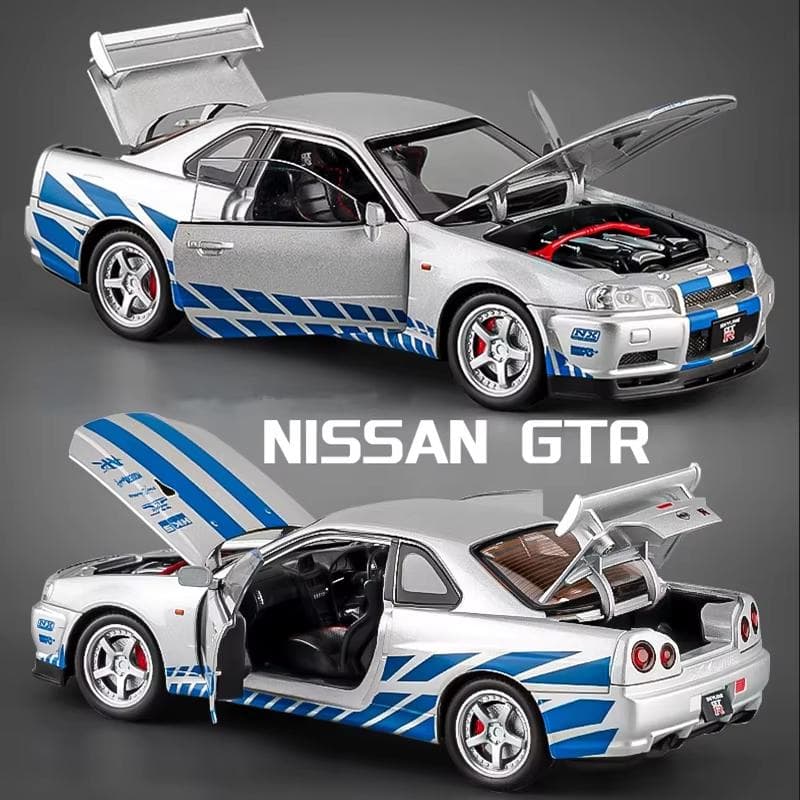 Nieuw 1:32 GTR R34 Legering Sportwagen Model Gegoten Speelgoed Racewagen Model Simulatie Geluid en Licht Pull Back Kinderen Jongen Trend Collectie Cad