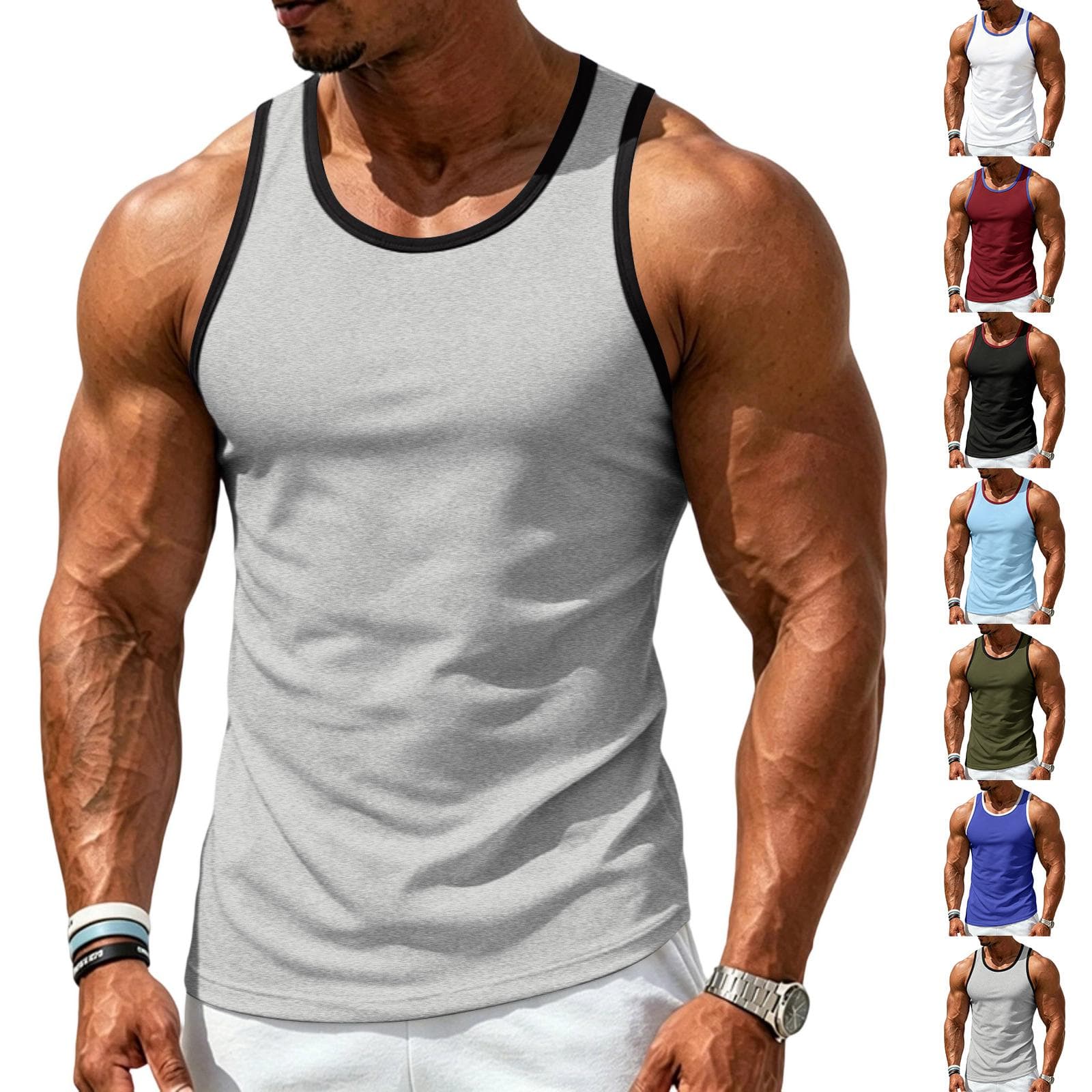 Heren Retro Losse Sport Tanktop Stretch Sneldrogend Contrasterende Rand Gym Workout Trainingsvest Mouwloos Topje voor Fitness cm wit