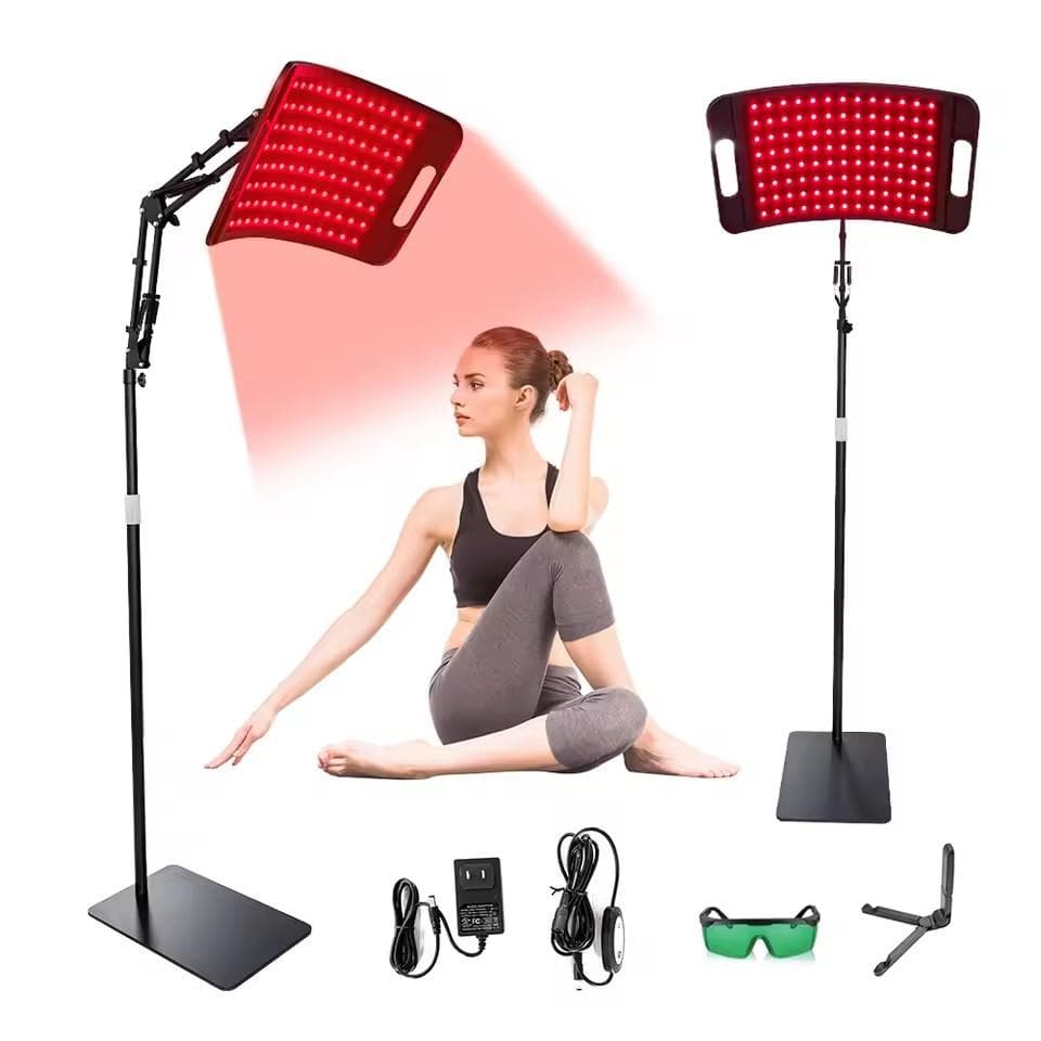 Roodlichtlamp voor gezicht en lichaam, thuisgebruik, 660nm 850nm nabij-infrarood lichtpaneel, apparaat met verstelbare standaard en timer. zwart