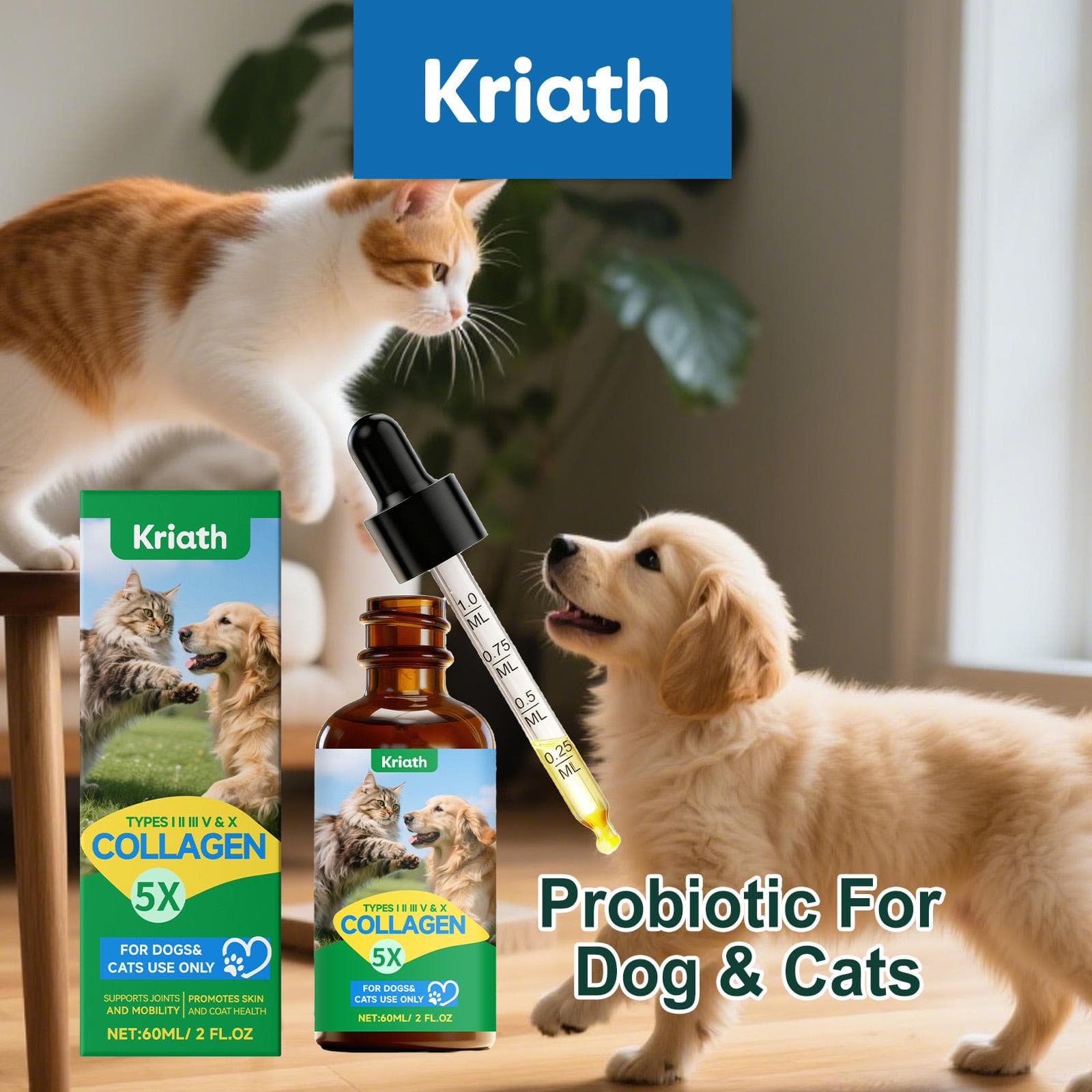 Kriath Pet Collageen Druppels 60ml, katten & honden. gewrichtsverzorging, huidgezondheid, vachtgezondheid, darmgezondheid, immuunsysteem versterkend v