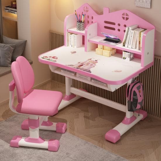2 stks/set Multi Boekenstandaard Verbreed Desktop Bureaustoel Set Cartoon Patroon Kinderen Verstelbare Hoogte Studie Lade Tafel met Stoel Set roze