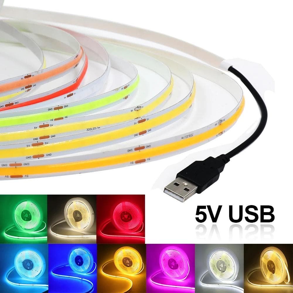 USB COB Strip DC 5V 320Leds/M Wit/Rood/Roze/IJsblauw/Geel Kastlamp Lamp TV Achtergrondverlichting Flexibele Lint Touw LED Strip geel