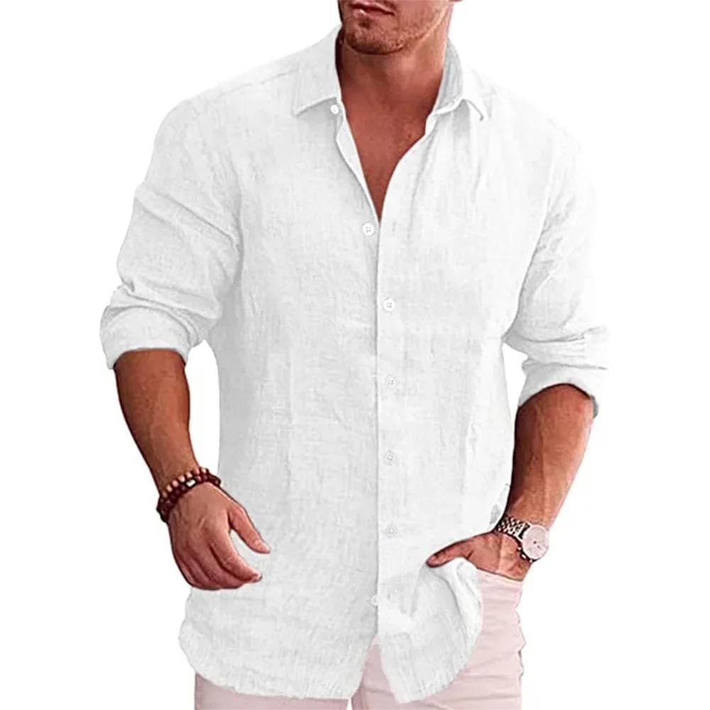 Katoenen linnen herfst heren lange mouw overhemd effen kleur casual stijl plus size heren casual linnen hawaiiaans overhemd L wit