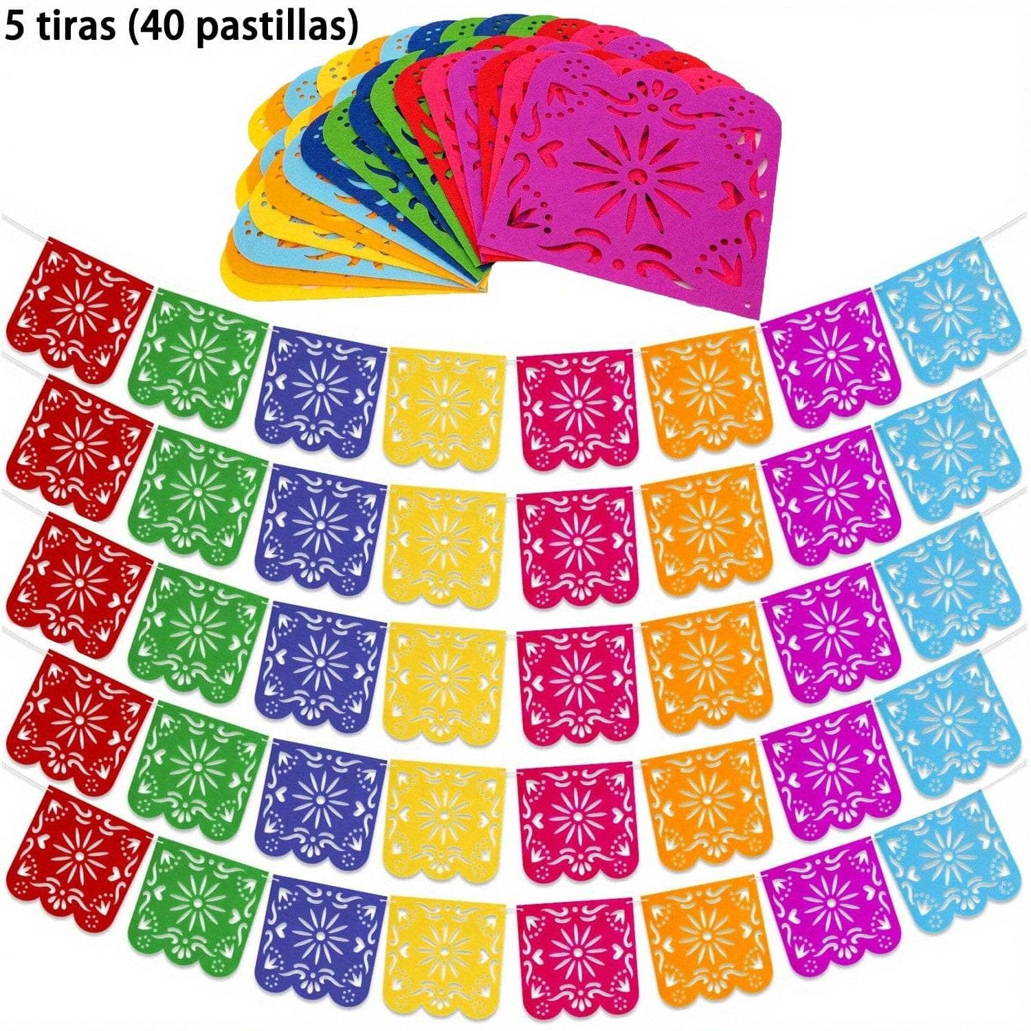 5 Stroken (40 Tabletten) Mexicaanse Vlaggen Vilt Kleurrijk Dag van de Doden Papel Picado Vlag, Fiesta Verjaardagsfeest Decoraties