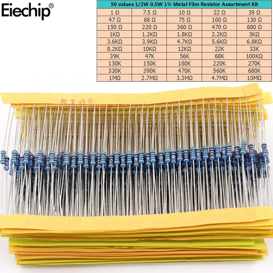 500 stks 50 waarden 1/4 W Metaalfilmweerstand Assortiment Kit 0.25 W 1% 1R-10mR 1ohm-10Mohm weerstanden Set