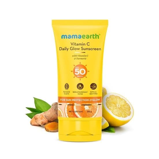 Mamaearth Vitamine C Dagelijkse Glow Zonnebrandcrème met Vitamine C & Kurkuma voor Zonbescherming & Glow - 50 g | SPF 50 PA++++ | Geen Witte Waas |