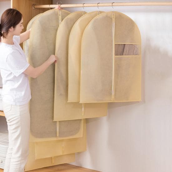 Kledingzak Stofdichte Kledinghoes met Transparant Venster Rits Sluiting Kast Organizer Jas beige