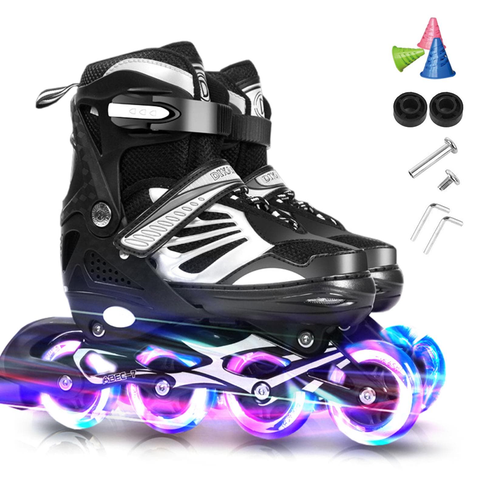 Verstelbare, verlichte inline skates met oplichtende wielen voor kinderen en jeugdmeisjes, jongens, inline blauw