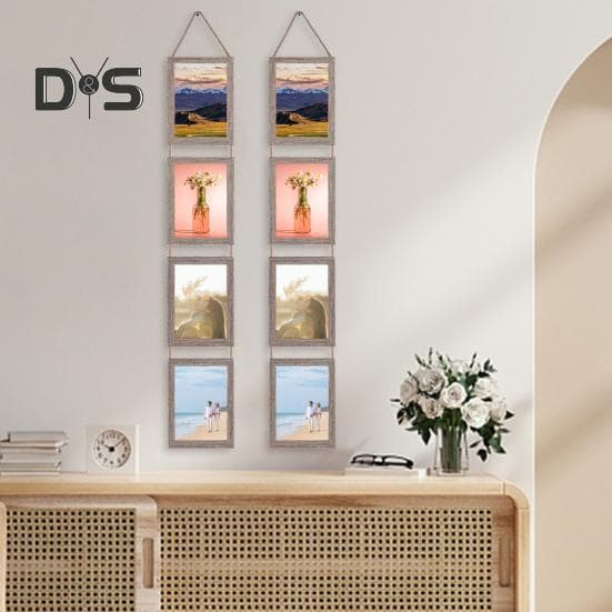 6/7-Inch Wandhangende Fotolijst Rustiek Massief Houten Verticale Collage Display Frame met Helder Glas DIY 4 Opening Fotolijst Wandkunst Decoratie