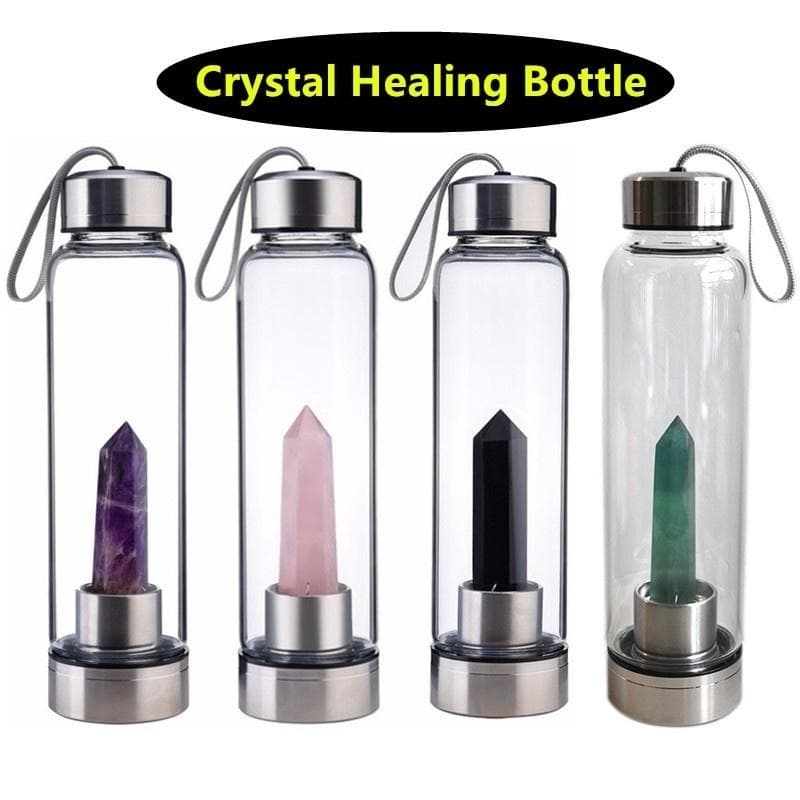 Natuurlijke Kristallen Genezende Waterfles 550ML 304 SS Deksel Fluoriet Kwarts Steen Wand Energie Glazen Fles Waterbeker