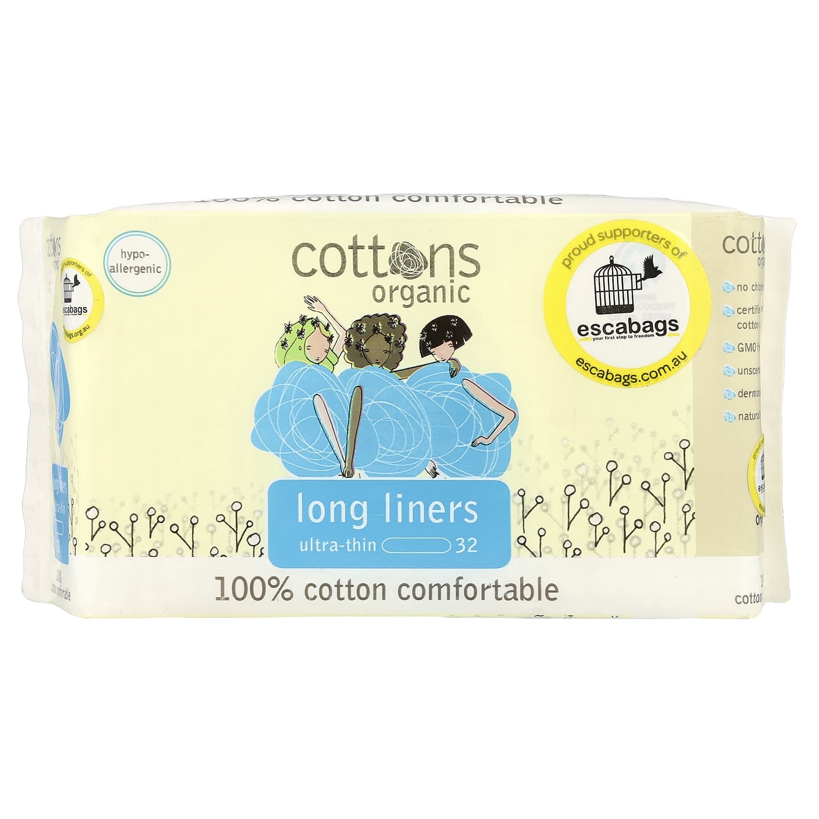 Cotons, voile de surface 100% coton naturel, protège-slip long, ultra fin, 32 protège-slips