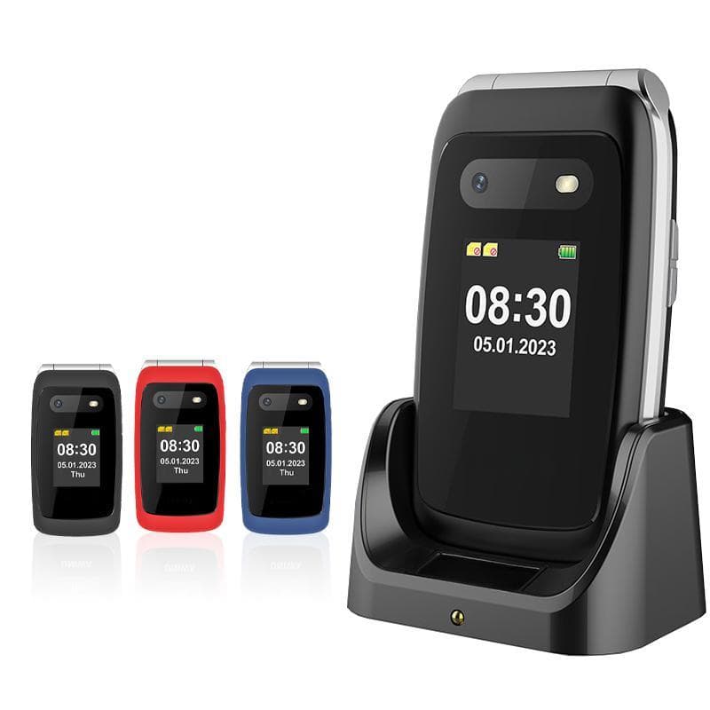 V202T 4G mobiele telefoon met dubbel scherm, grote knoppen, noodoproep, zaklamp, camera, Bluetooth 1450mAh, dubbele simkaart, klaptelefoon rood