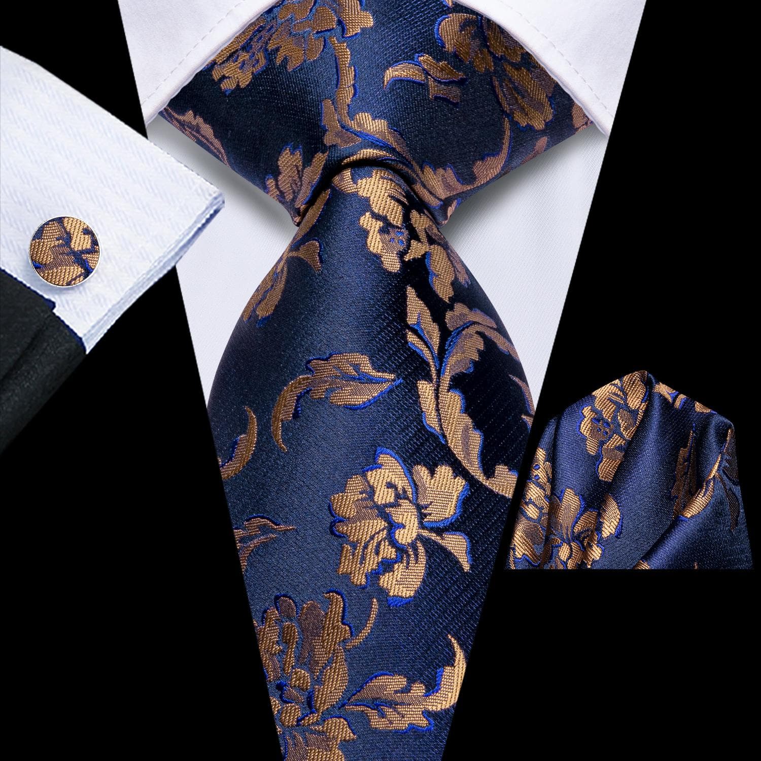 Stropdas Hankerchief Manchetknopen Set Voor Mannen Bruiloft Bloemen Gouden Marineblauwe Stropdas 100 Zijde Paisley Bloemen Stropdassen cm