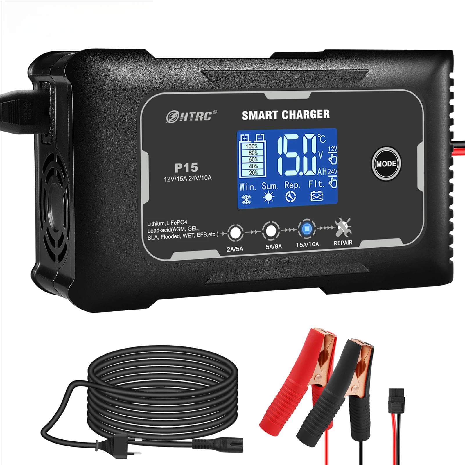 P15 12V-24V 35A/25A/20A/15A/10A Autolader LCD Automatisch Pulsreparatie Laden voor Lifepo4 AGM Loodzuur Lithium Batterij zwart