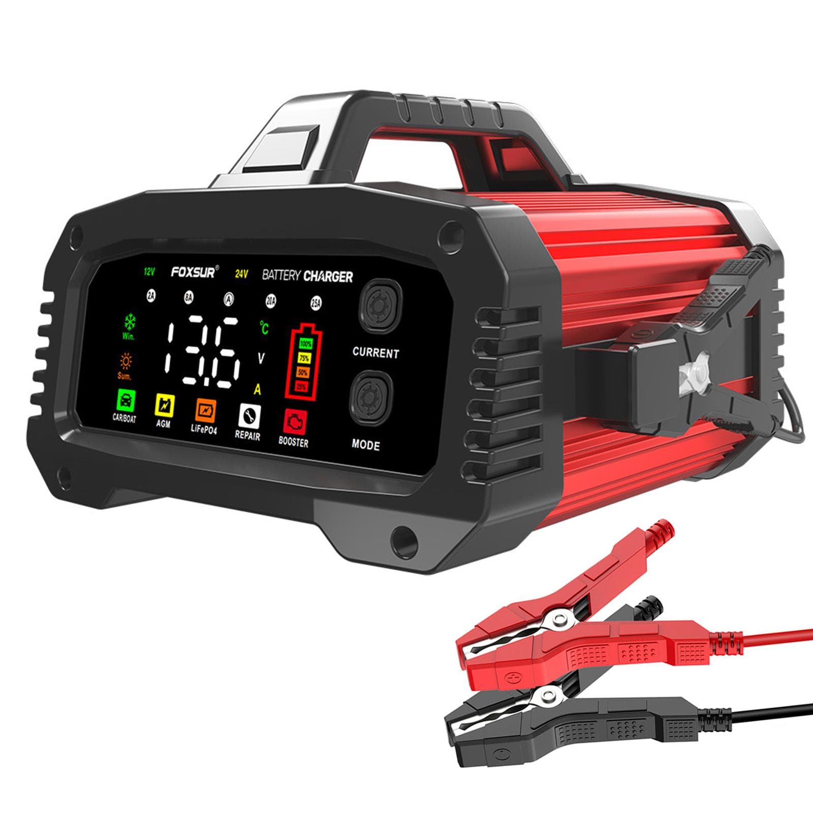 FOXSUR 25A slimme auto-acculader 12V25A 24V15A draagbare acculader optioneel opladen EU PLUG rood