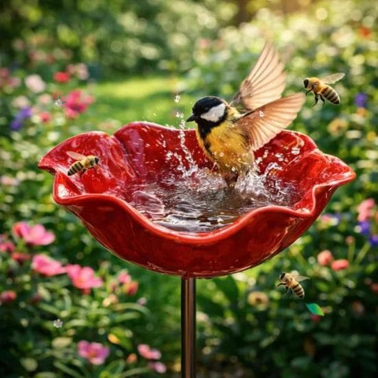 Bijendrinkstation voor buiten in de tuin, vogel- en vlinderbadjes met paaltje, handgemaakte metalen bloemvormige bijenvoederbak voor buiten in de tuin