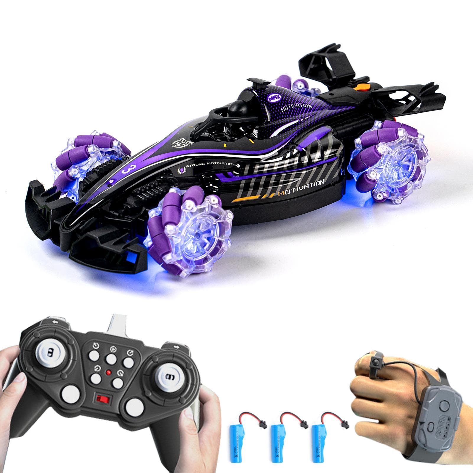 Afstandsbediening Stuntauto, 360 graden Rotatie Spray Drift Offroad Voertuig met Licht Geluid 3 Batterijen rood